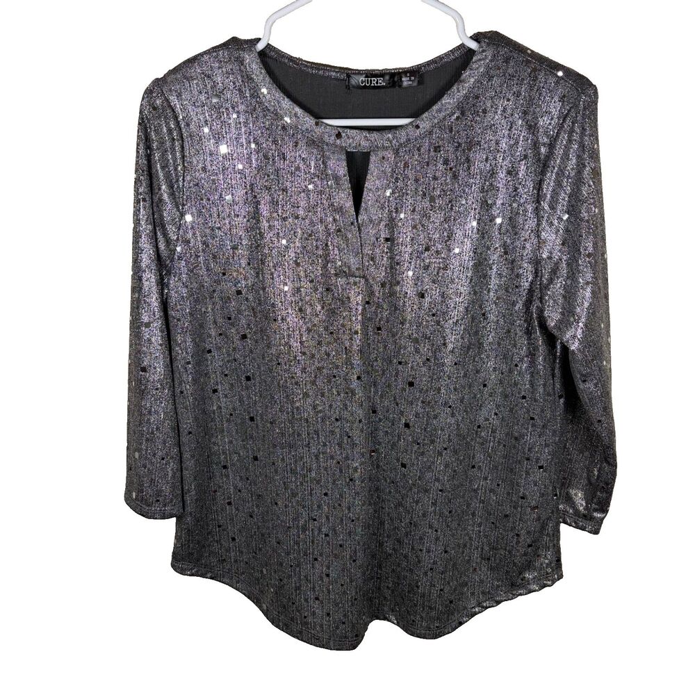 Cure. Blouse Women's Small Metallic Keyhole 3/4 Sleeve Gray Casual Top